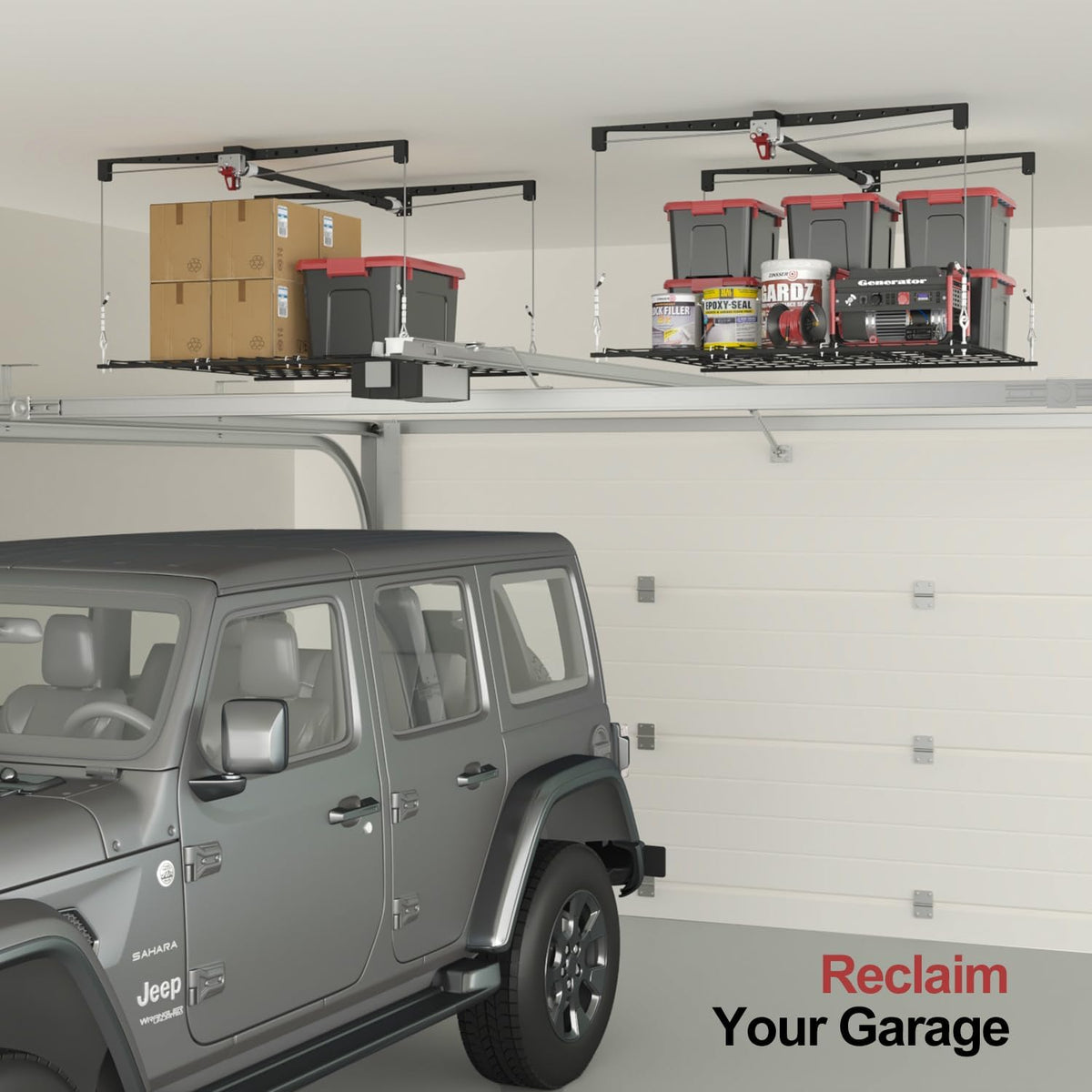 overhead garage storage lift, 4x4 ft ceiling storage on a desk or shelf