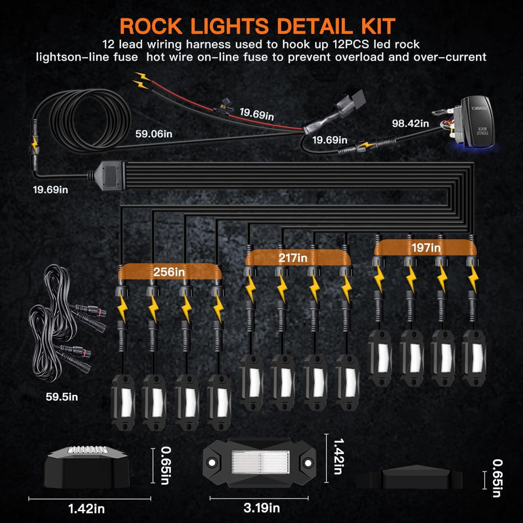 LEDMIRCY R2 Pure White Rock Lights Kit with Roker Switch Wire Harness 12PCS LED Rock Lights White for Offroad Truck ATV UTV SUV Underglow Light Trail Rig Light Under Body High Power Waterproof
