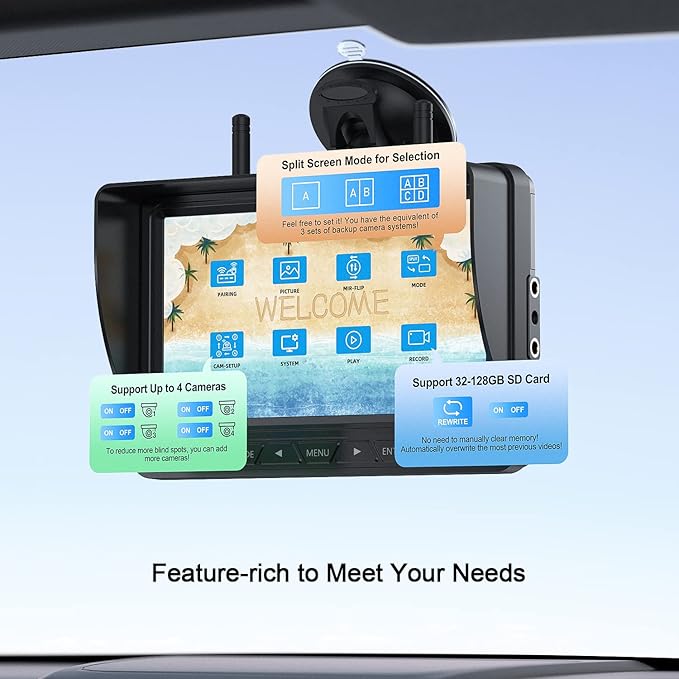 Fookoo HD 4 Cameras Wireless RV Backup System, 2 Rear View + 2 Side Cameras - Image 7