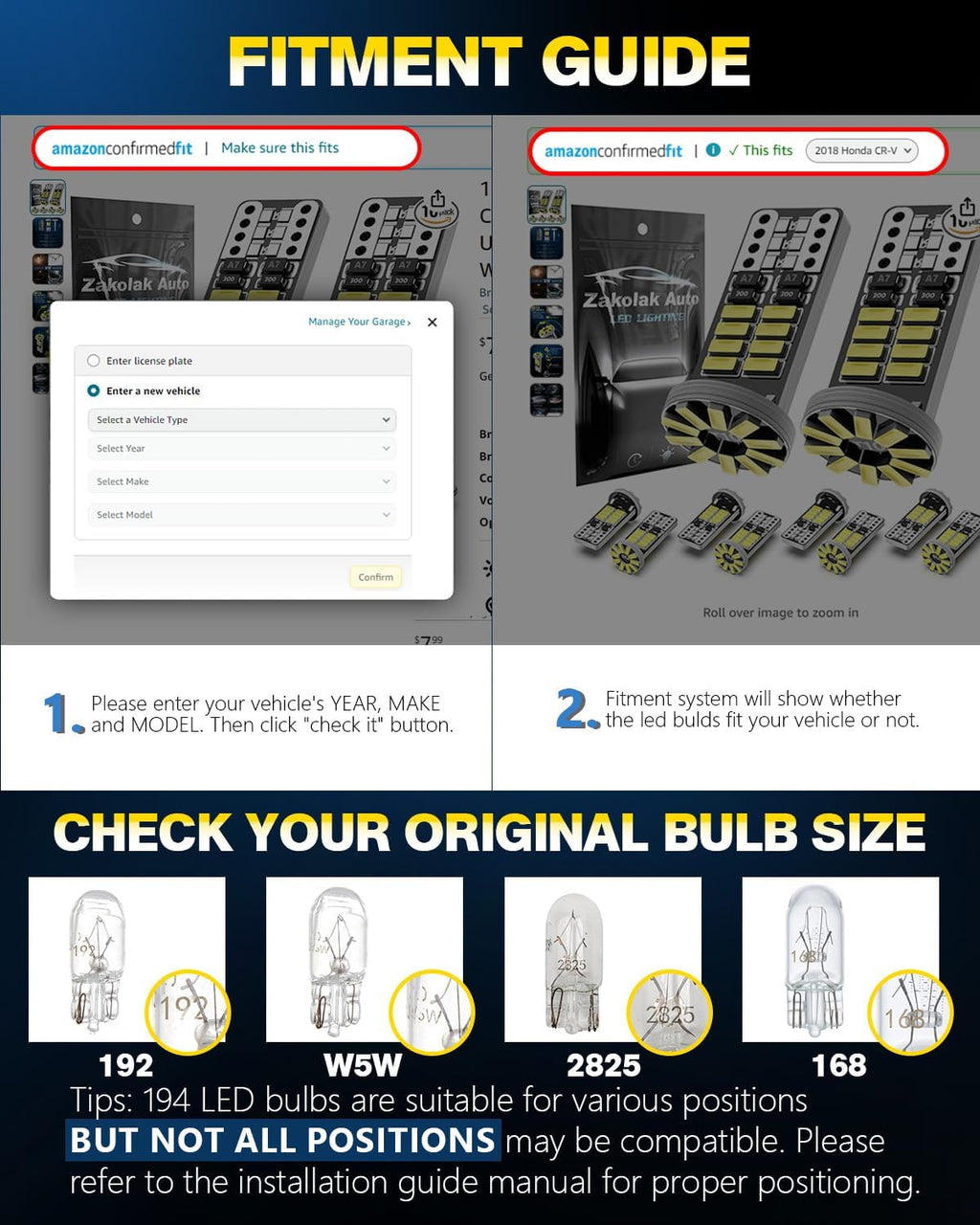 Zakolak 10Pcs 194 T10 168 W5W 2825 LED Bulb, Super Bright LED Car Interior Dome Map Camper RV License Plate Light Bulbs, Upgraded 25-SMD 3014 Chipsets 12V 400LM 6500K Xenon White
