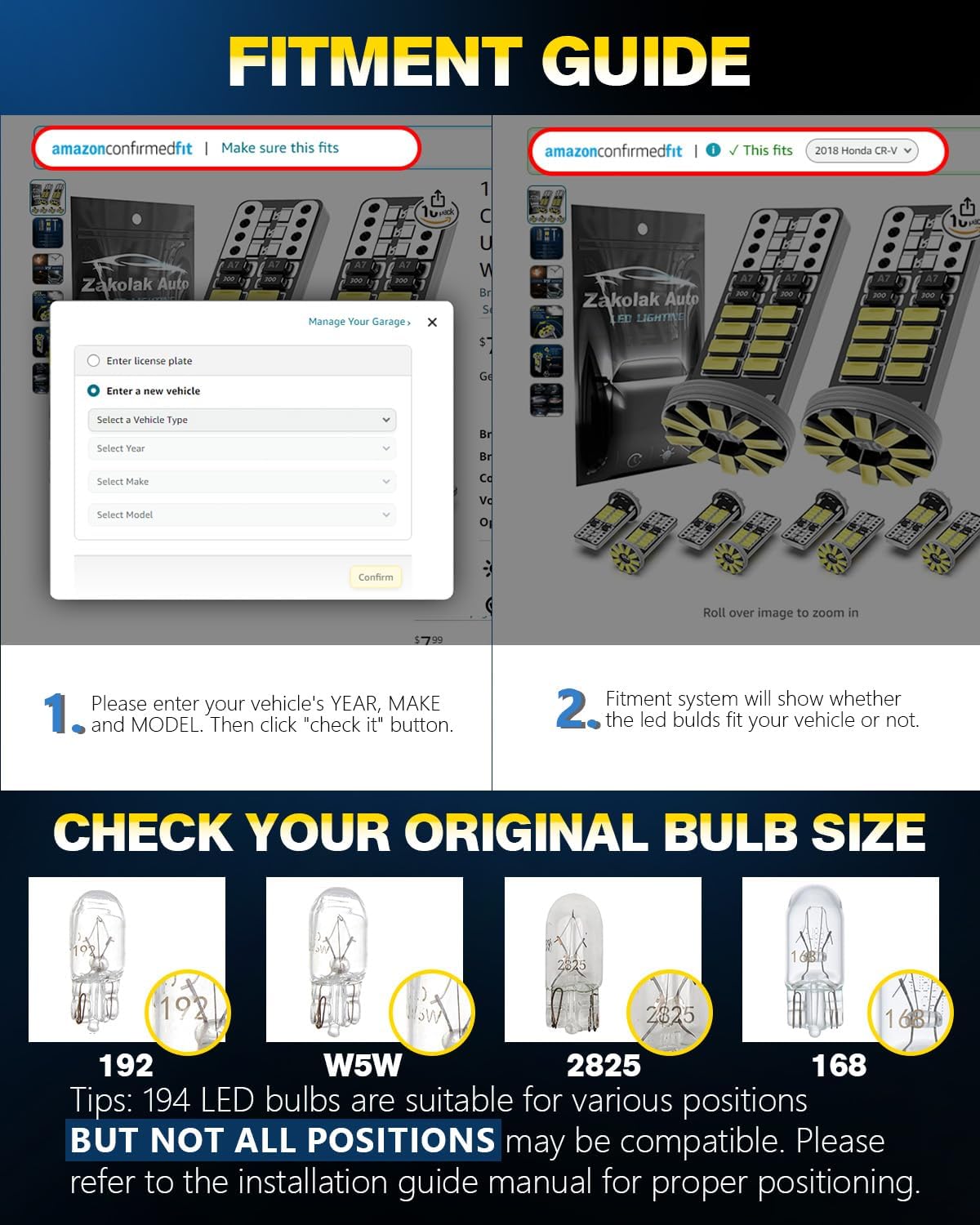 Zakolak 10Pcs 194 T10 168 W5W 2825 LED Bulb, Super Bright LED Car Interior Dome Map Camper RV License Plate Light Bulbs, Upgraded 25-SMD 3014 Chipsets 12V 400LM 6500K Xenon White