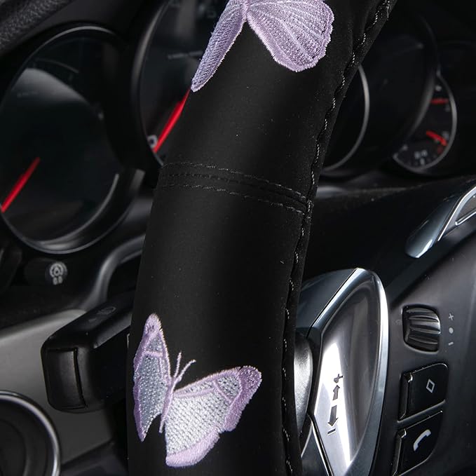 Car Pass Purple Embroidery Butterfly Steering Wheel Cover, Universal 15 Inch - Image 4