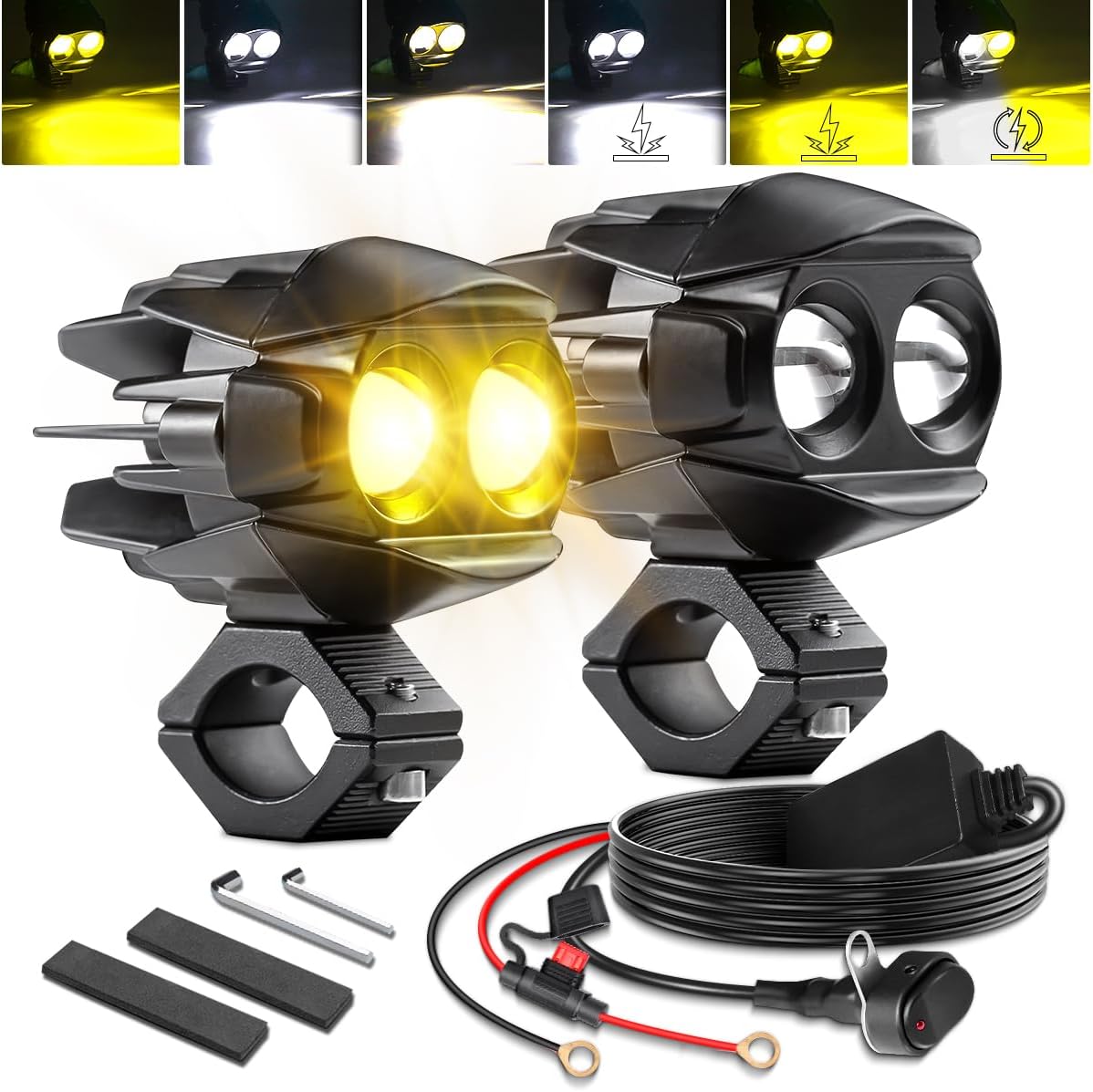 D7 Motorcycle Driving Fog Lights LED Kit Amber White 6 Modes Strobe | Auxiliary Light Pods 50W 5000lm with Clamp Brackets Wiring Harness for R1200GS R850GS ADV Adventure Touring Sport ATV UTV