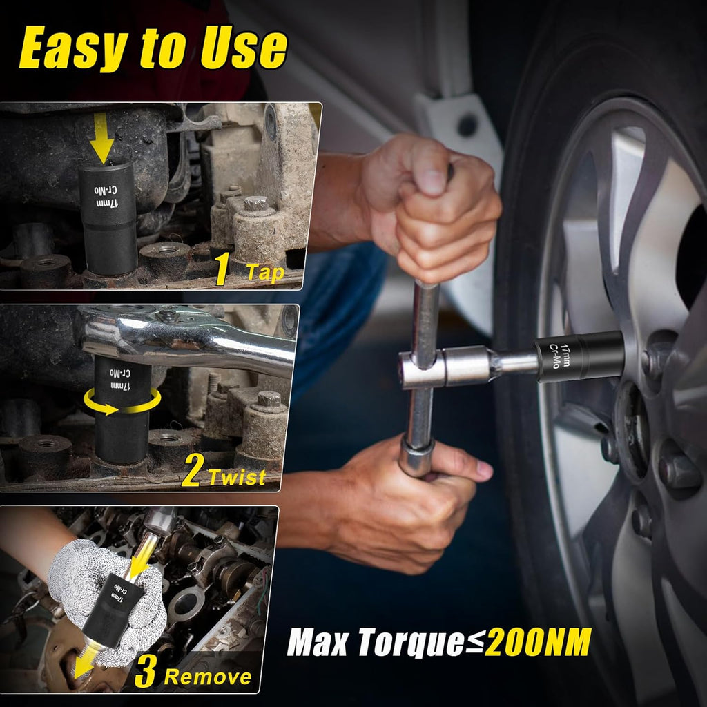 Topec 17mm Lug Nut Remover, Wheel Lock Removal Kit for Stripped Bolt & Rounded Nut, 1/2" Drive | Hand Tools Only (≤200NM)