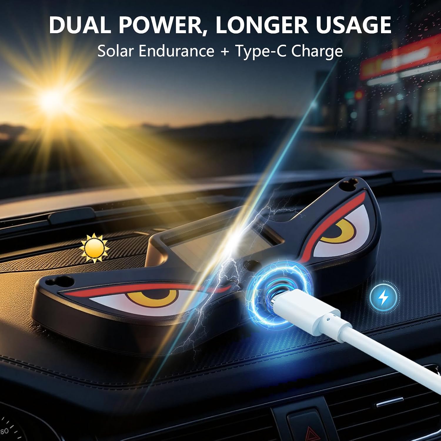 Solar Devil Eyes Car LED Light, Wireless No Drill Demon Eye Warning Lights for Car Windshield & Rear Window, Type-C Rechargeable Animated LED Eyes for Cars, SUVs, Trucks, Vans (1 Pack)