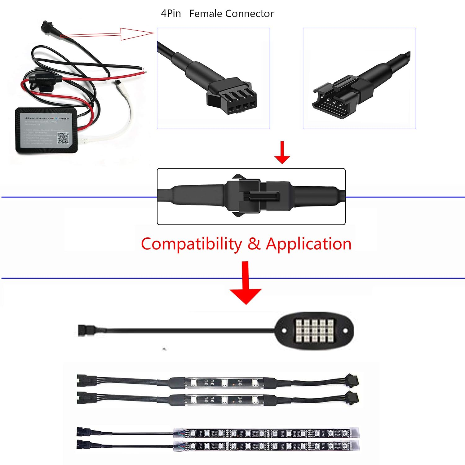 4PC 36in/90CM RGB LED Extension Cable With 2pcs 1-2 way spiltter Y cable,Rock Light Extension Wire,Neon Underglow Wire Cable Extension Kit for ATV Car Motorcycle Accent Light Strips Rock Lights