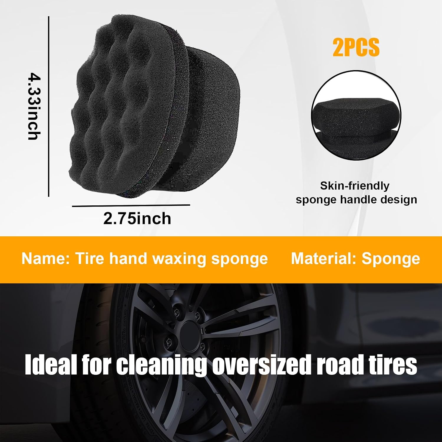 2 PCS Tire Shine Applicator, Reusable Foam Car Dressing Pads With Ergonomic Design, Durable Automotive Detailing Sponge Tool for Applying Shine (Black, Large)