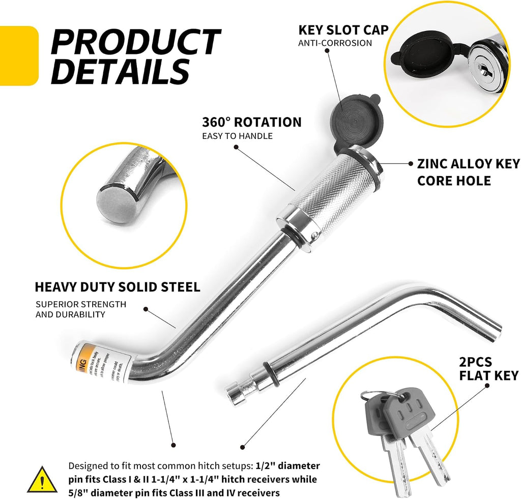 MaxxHaul 50058 Hitch Receiver Lock with 1/2" and 5/8" Pins - Universal Anti-Theft Trailer Lock for Class I, II, III, IV, and V Receivers - Press-to-Lock Technology with 2 Keys - Chrome Finish