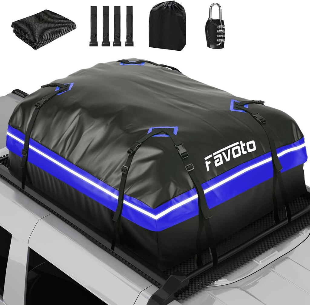 Favoto Roof Box 566L Foldable Roof Box Waterproof Roof Bag with Non-Slip Mat Door Hooks Reinforcement Straps for Cars SUVS with/without Pannier Rack Travel Luggage Transport Blue