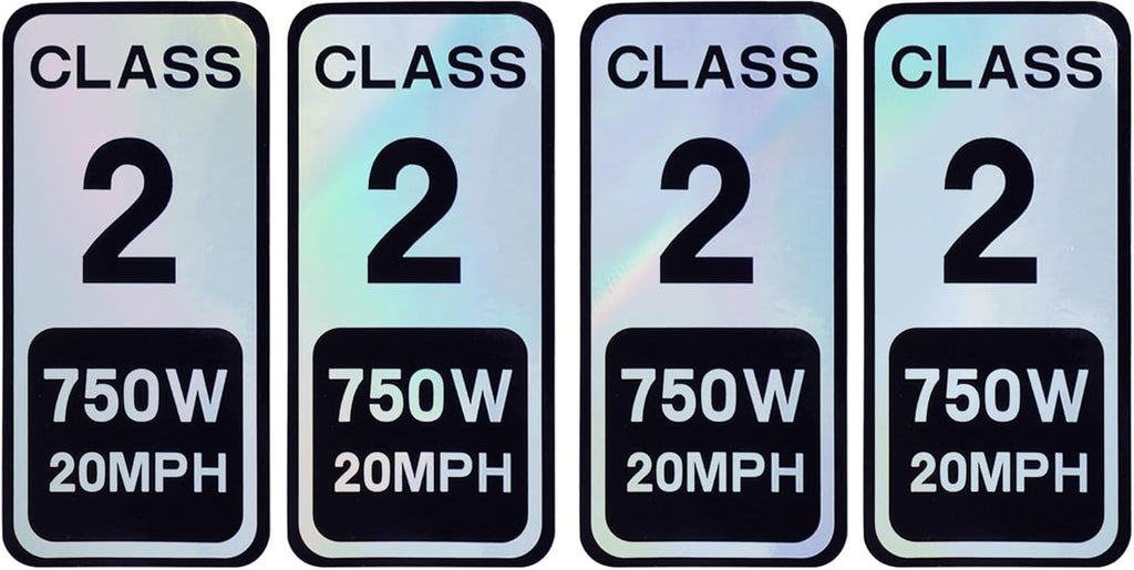 4 PCS Class 2 Ebike Sticker 750W 20MPH - Colorful Reflective Vinyl Decal for Electric Bicycle Classification (2.5 x 1.2 Inch)