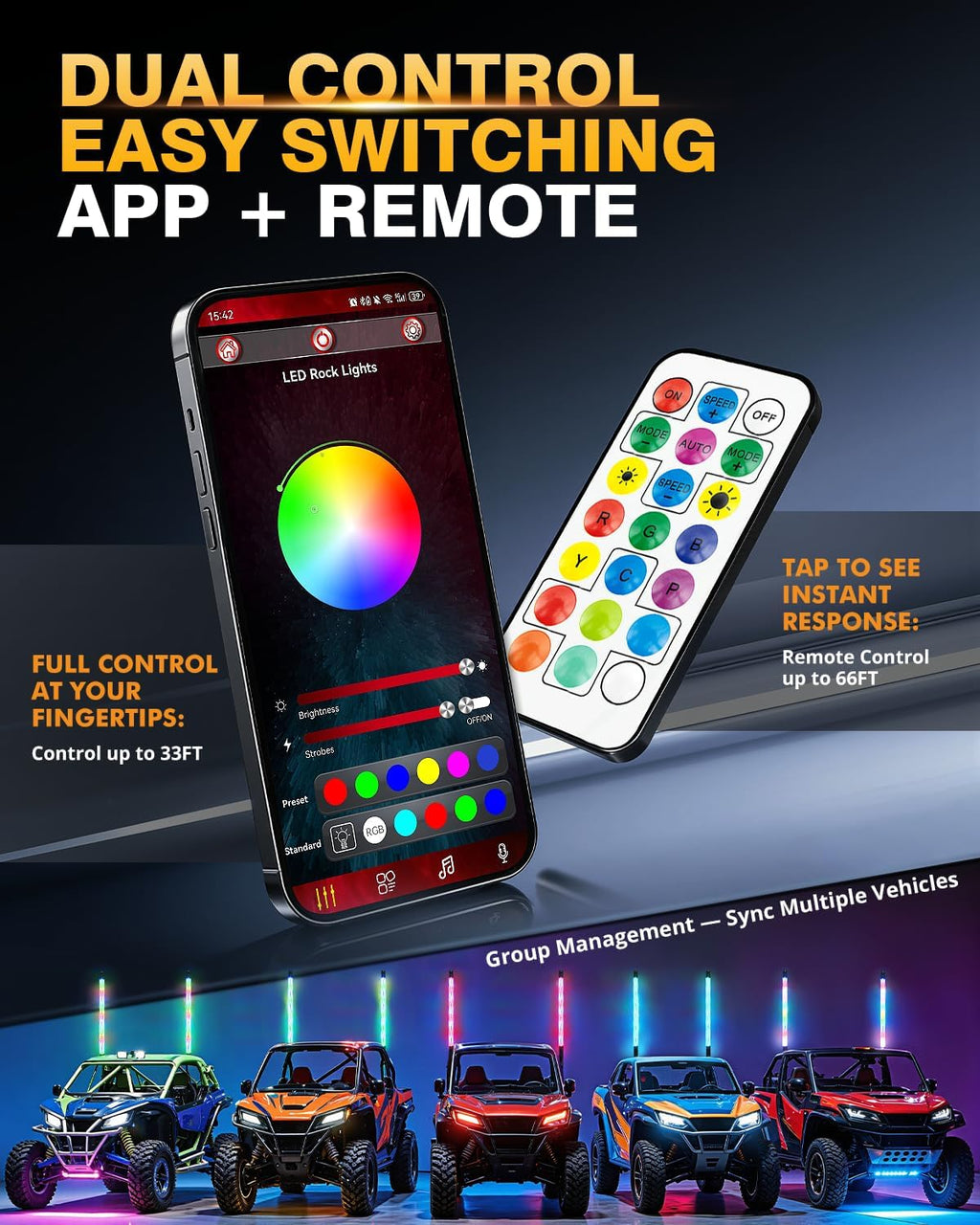 Auxbeam 2PCS 2.3FT RGB Whip Lights w/Bluetooth APP+Remote & Auxbeam 4-Pod RGB LED Rock Lights w/Brake Mode 217°Dual-Side Lighting Underglow Kit w/Bluetooth APP & Remote