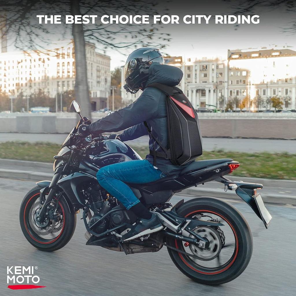 KEMIMOTO Motorcycle Backpack, Hardshell Helmet Backpack 22L Carbon Fiber Reflective Riding Bag, Waterproof Lightweight with Laptop Compartment for Men Riding Commuting Travel Riding Work