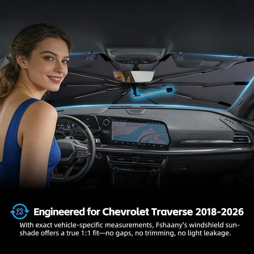 Windshield Sun Shade Umbrella for Chevrolet Traverse 2018-2026 – Nano-Coated Heat-Reflective Front Window Shade, Umbrella Sunshade Cover Blocks Heat, Protects Interior, Vehicle-Specific Precision Fit