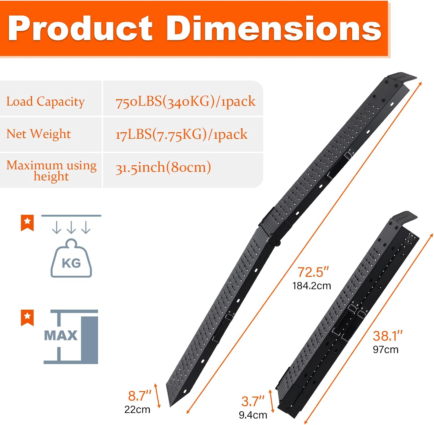72.5" Heavy Duty Folding Loading Ramps with Sandblasted Finish, 1500lb Capacity, Ideal for Motorcycles, Lawn Mowers, ATVs, UTVs, and More – Pack of 2 with Safety Straps and Gloves