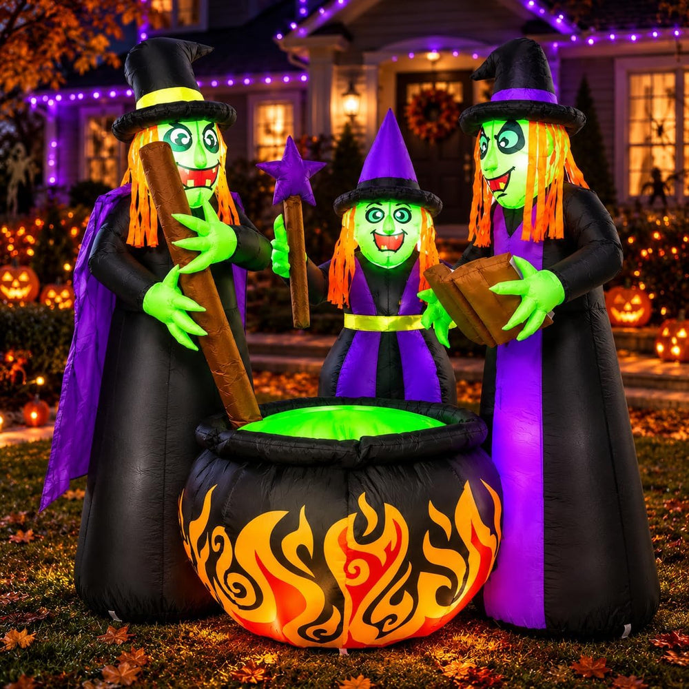 6 FT Halloween Inflatables 3 Witches Around Cauldron Outdoor Decorations, Sca...