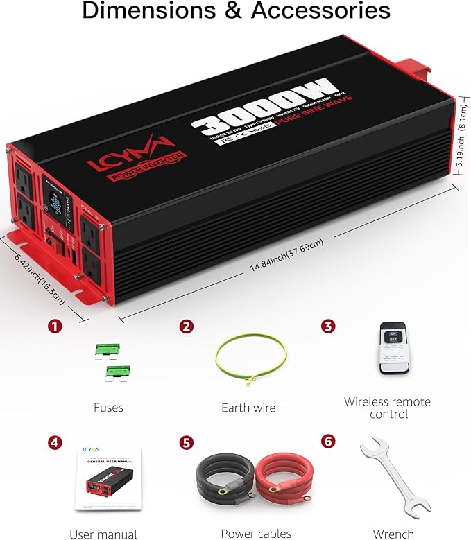 3000 Watts Power Inverter Pure Sine Wave DC 12V to 110V/120V AC 6000W Peak - Image 7