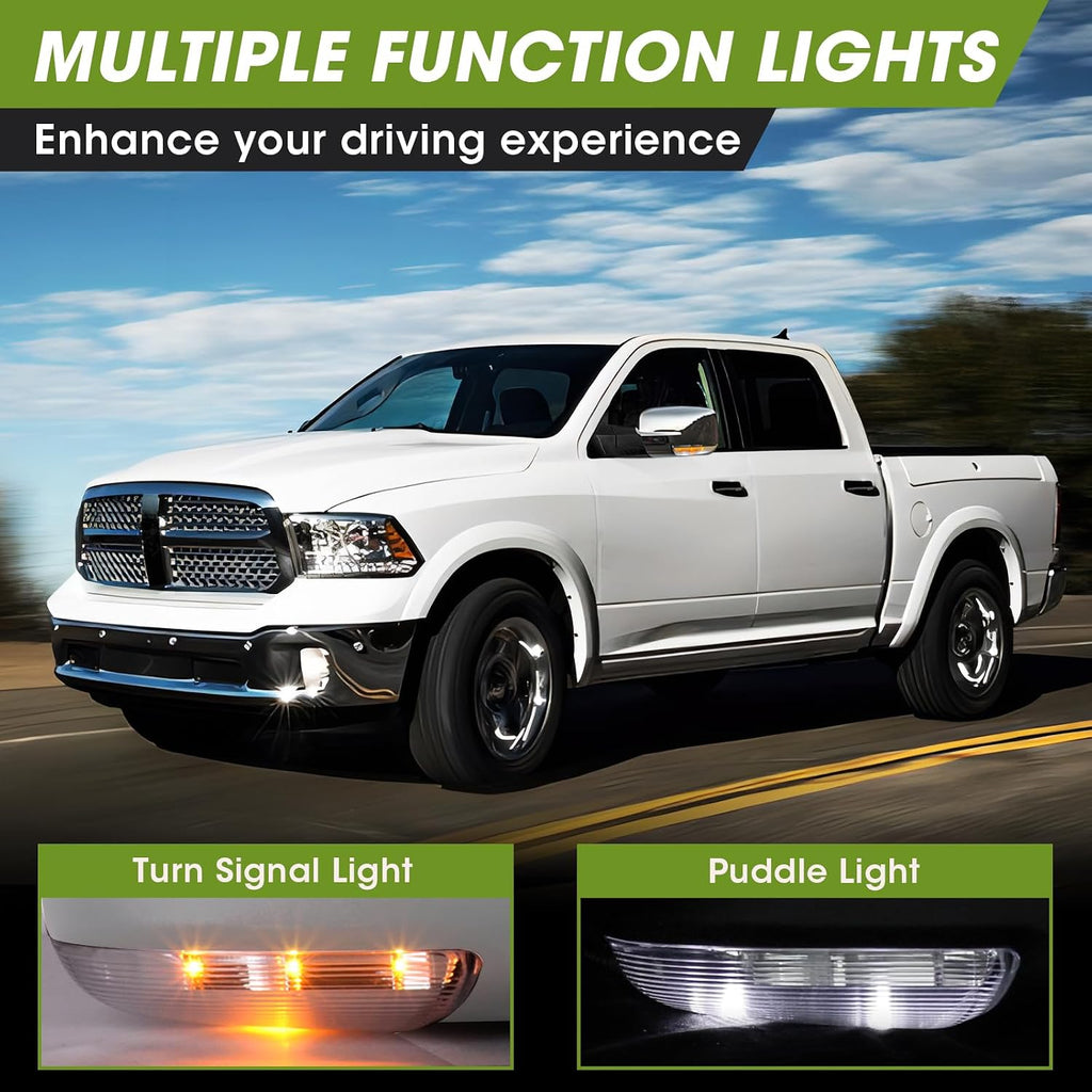 Chrome Power Folding Side Mirrors for Dodge Ram - Heated Tow Mirrors with Turn Signal & Puddle Light - Compatible with Ram 1500 (2009-2018), 2500/3500 (2010-2024), 1500 Classic (2019-2024)