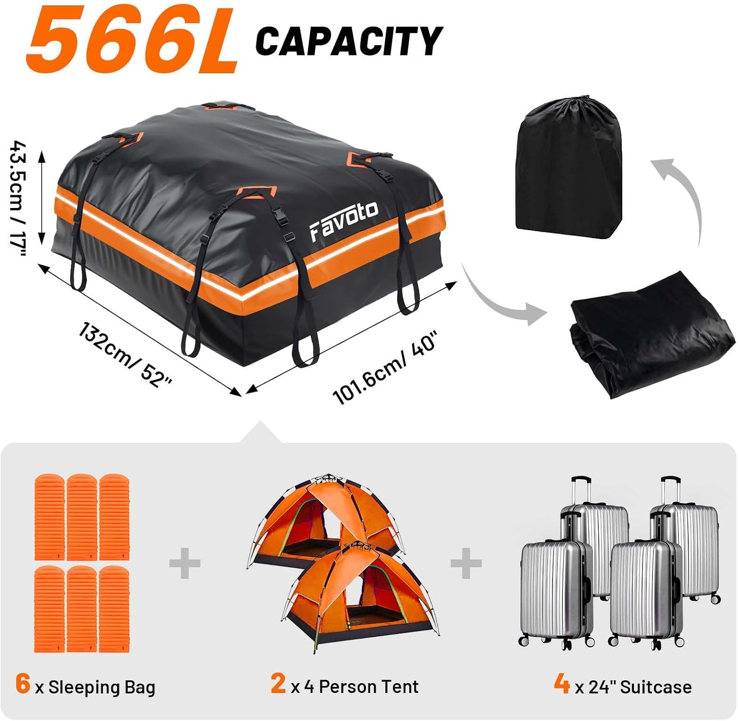 Favoto Roof Box, 566 Litres, Foldable Roof Case, Waterproof Roof Bag with Non-Slip Mat, Door Hooks, Reinforcement Straps for Cars, SUVs with/without Luggage Rack for Travel and Luggage Transport
