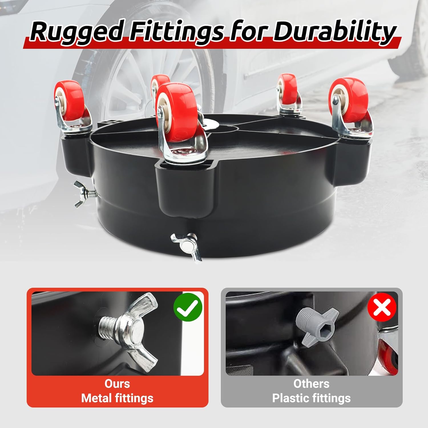 Bucket Dolly 5 Gallon with Wheels,360°Rolling Car Wash Bucket Roller | For 2.5–5 Gallon Buckets – Includes Bucket Insert, Cleaning Brush, Holds 300 lbs – for Washing & Waxing