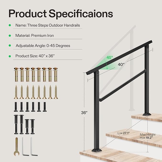 VIVOSUN Outdoor Handrail, 3 Step Stair Handrail, Wrought Mattle Iron Handrail - Image 2