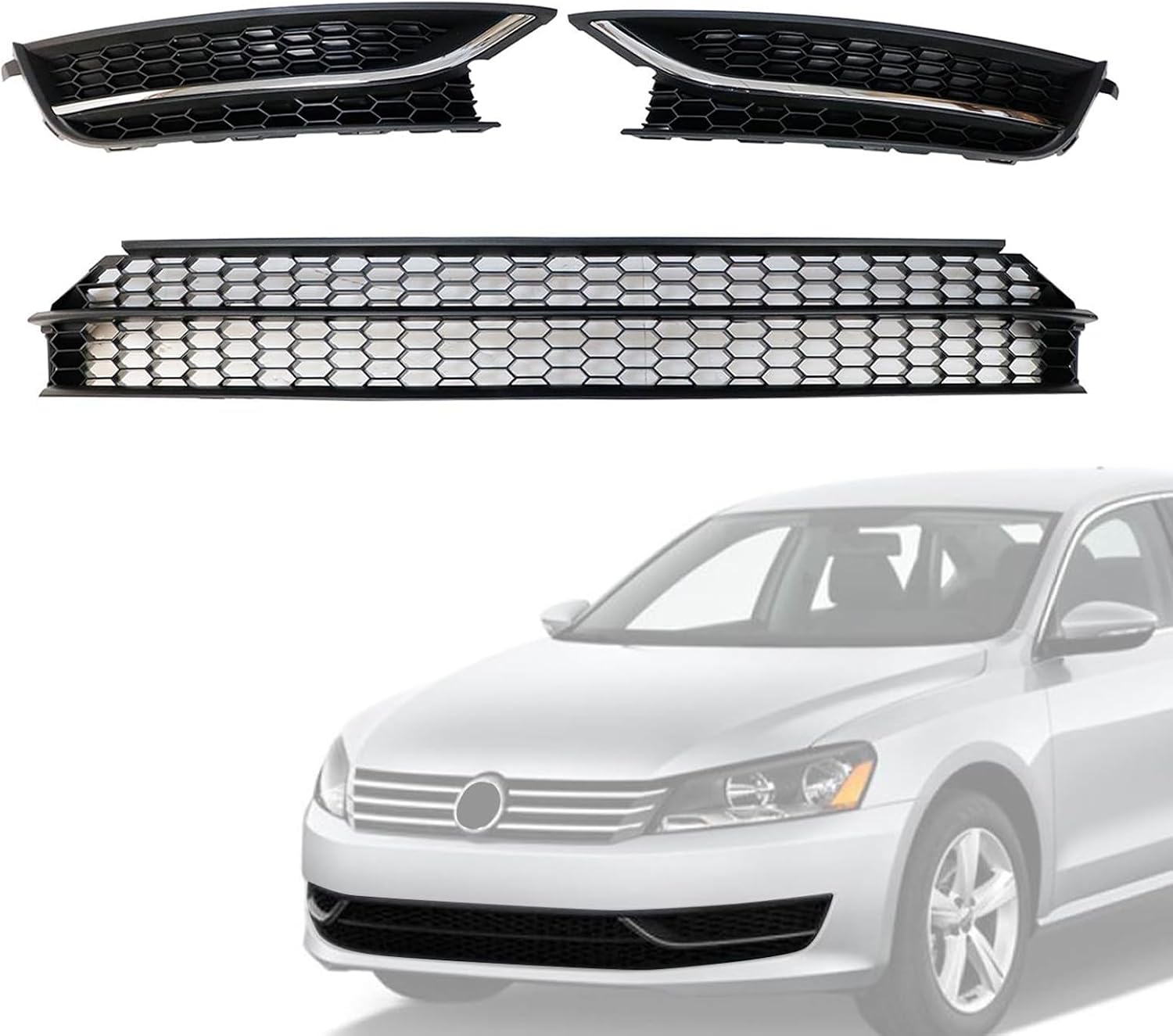 Front Bumper Lower Grille and Fog Lamp Bezel Cover, Fit for Volkswagen Passat 2012 2013 2014 2015, Replace# 561853665E 561853666E, 561853677 561853666