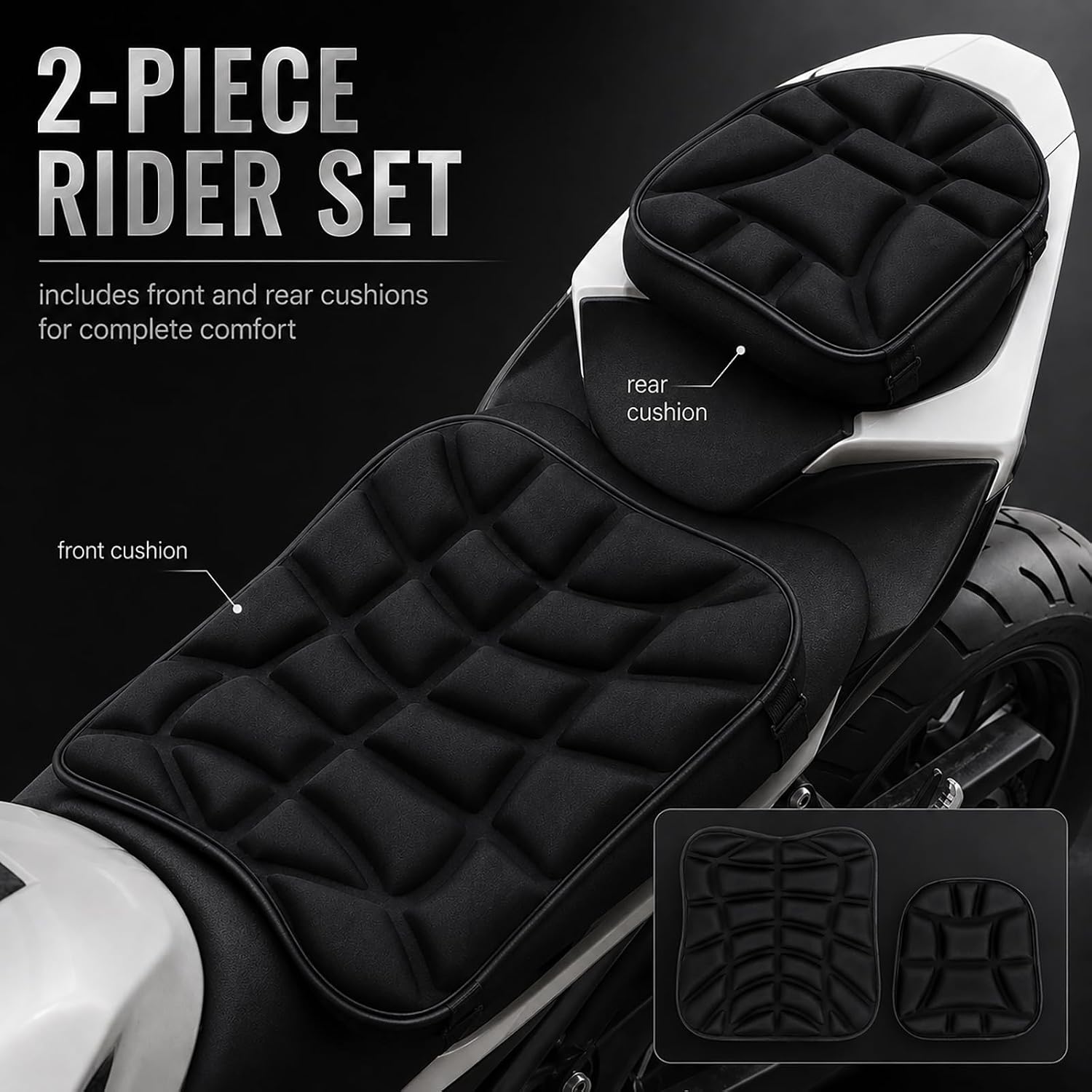Motorcycle Seat Cushion for Kawasaki Vulcan 1600 2003-2008 | Front Rear Set | Shock Absorbing Comfort | 3D Pressure Relief | Breathable Surface | Secure Strap Fit