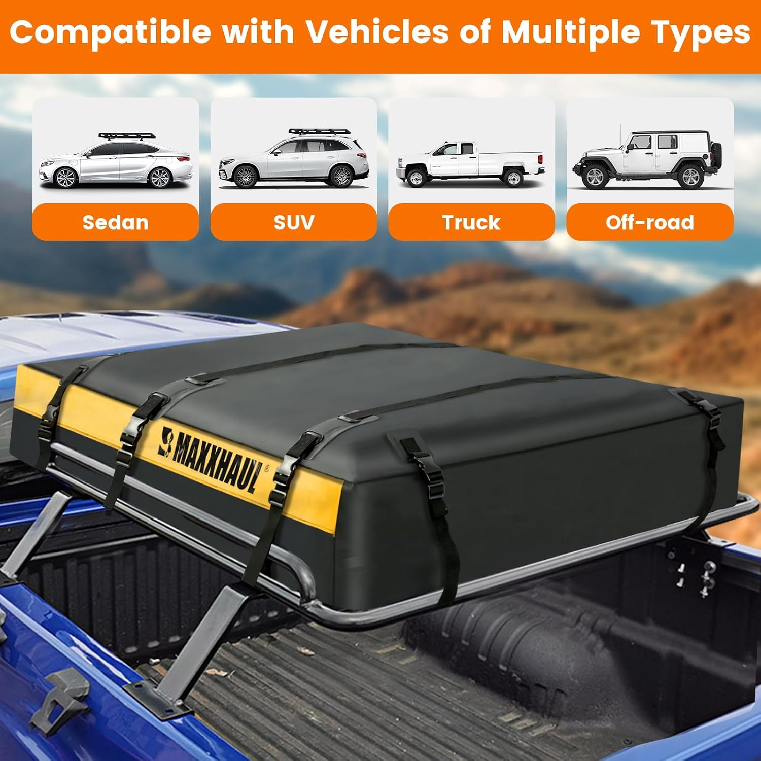 MaxxHaul 50853 Truck Platform Rack Rooftop Cargo Carrier Bag, 20 Cu Ft (63″ L × 54″ W × 10″ H), Heavy-Duty PVC, Weather-Resistant with Lockable Zipper & Full Strapping System