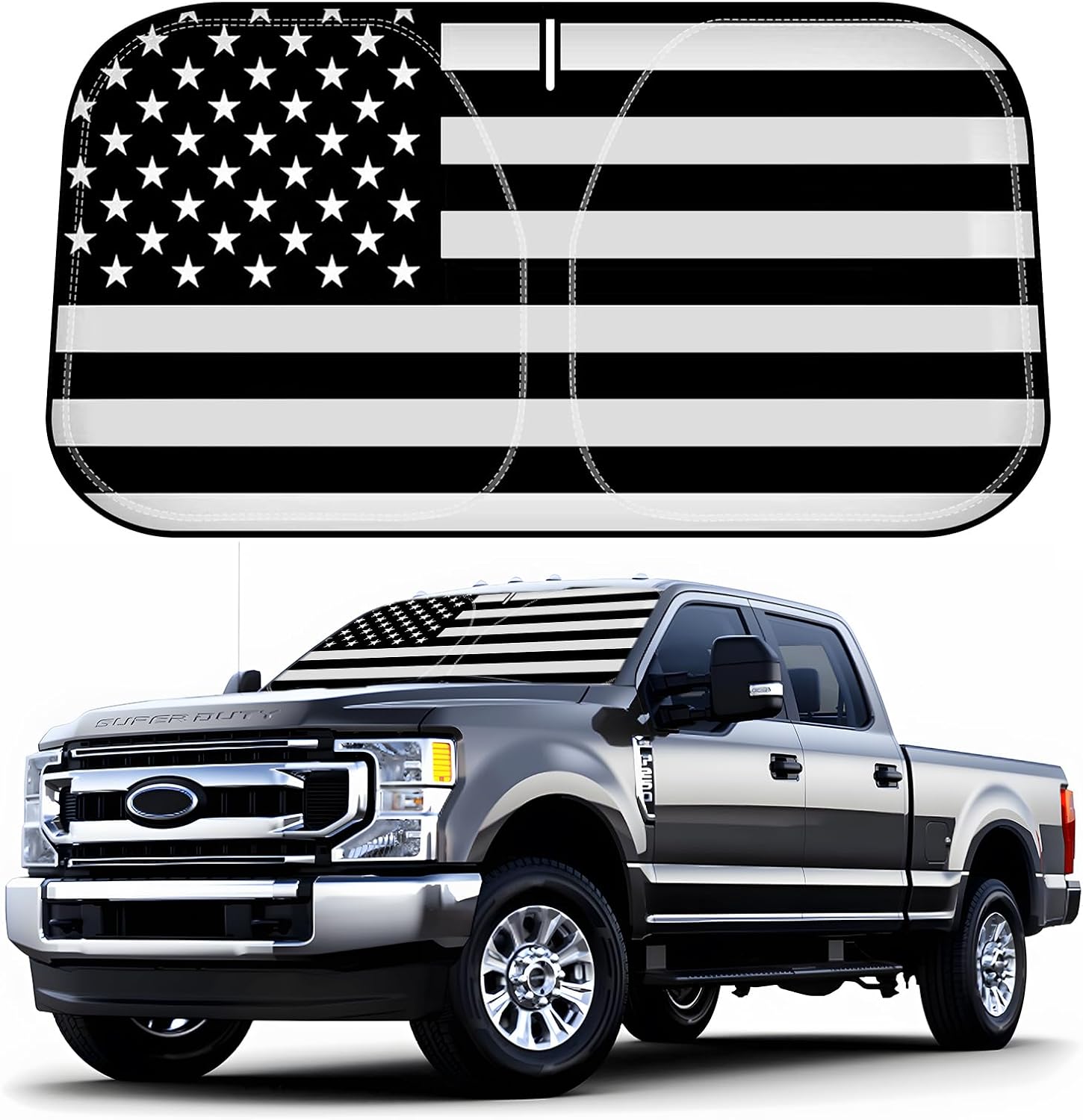 D-Lumina Windshield Sun Shade for 2017-2022 Fo-rd F250 F350 F450 F550 Super Duty 2/4 Door, Front Window Sunshade American Flag Sun Visor Protector Block UV Rays Heat, Foldable 2 Layers 210T Material