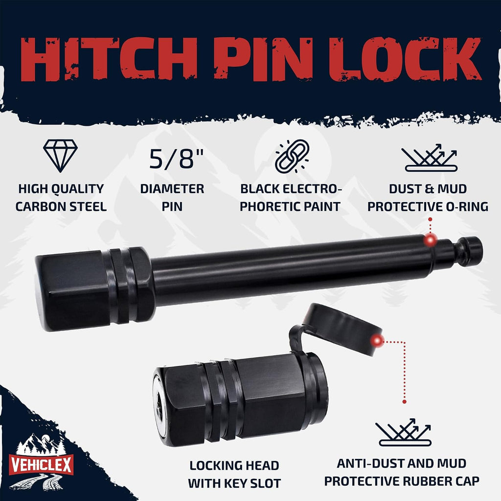 Vehiclex Trailer Hitch Pin Lock for 2" Receiver - Secure 5/8" Locking Pin for Class III, IV Hitch with Exclusive Tubular Key, Built Tough for Dust, Mud, and Thieves
