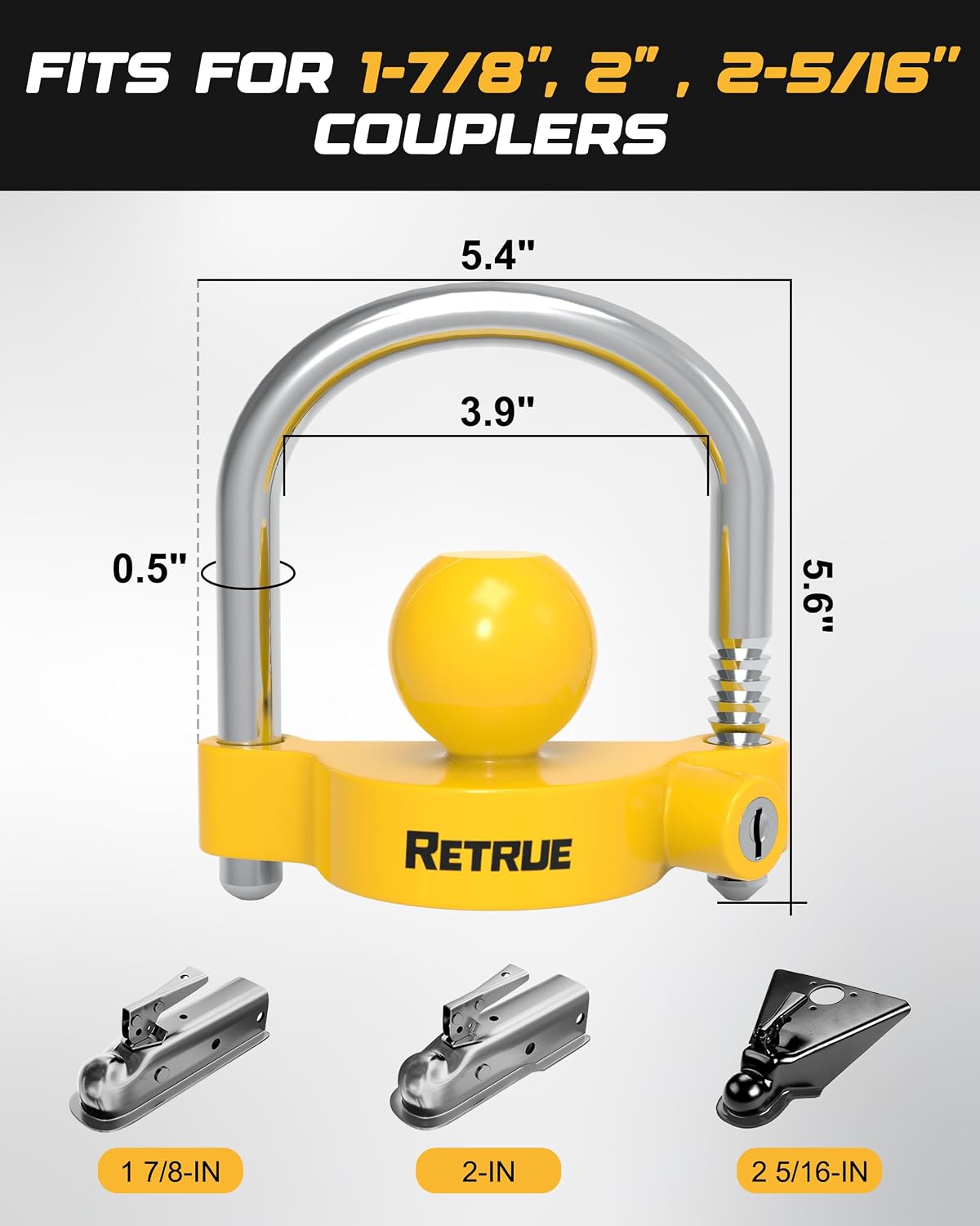 RETRUE Universal Coupler Lock Trailer Locks Ball Hitch Trailer Hitch Lock Adjustable Security Heavy-Duty Steel Fits 1-7/8 Inch, 2 Inch, 2-5/16 Inch Couplers, Bright Yellow, Light Weight