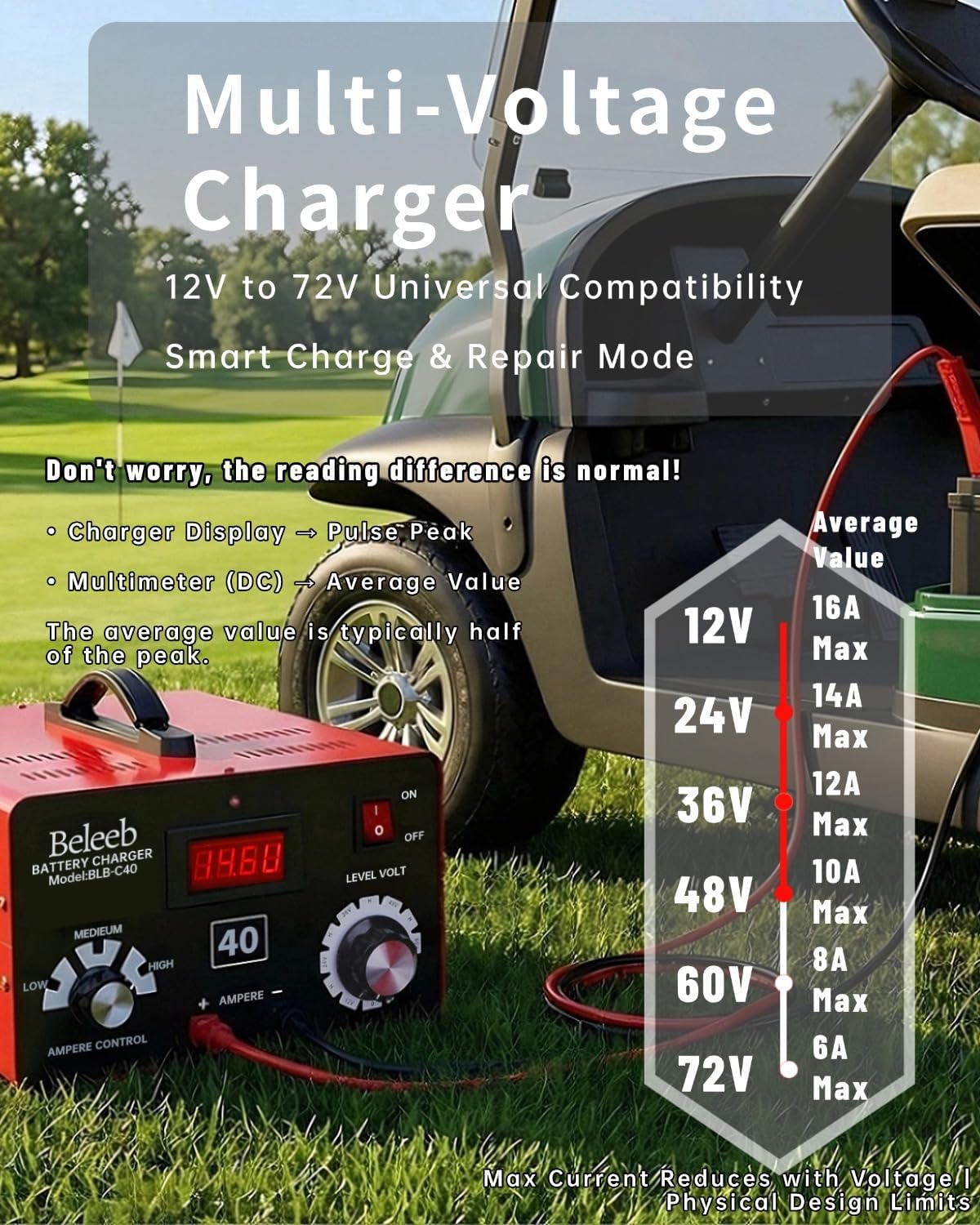 Multi-Voltage Battery Charger 12V 24V 36V 48V 60V 72V for LiFePO4, Lithium Batteries, High Voltage Pulse Desulfator for Lead-Acid, for Car, Golf Cart, RV, Marine, Boat