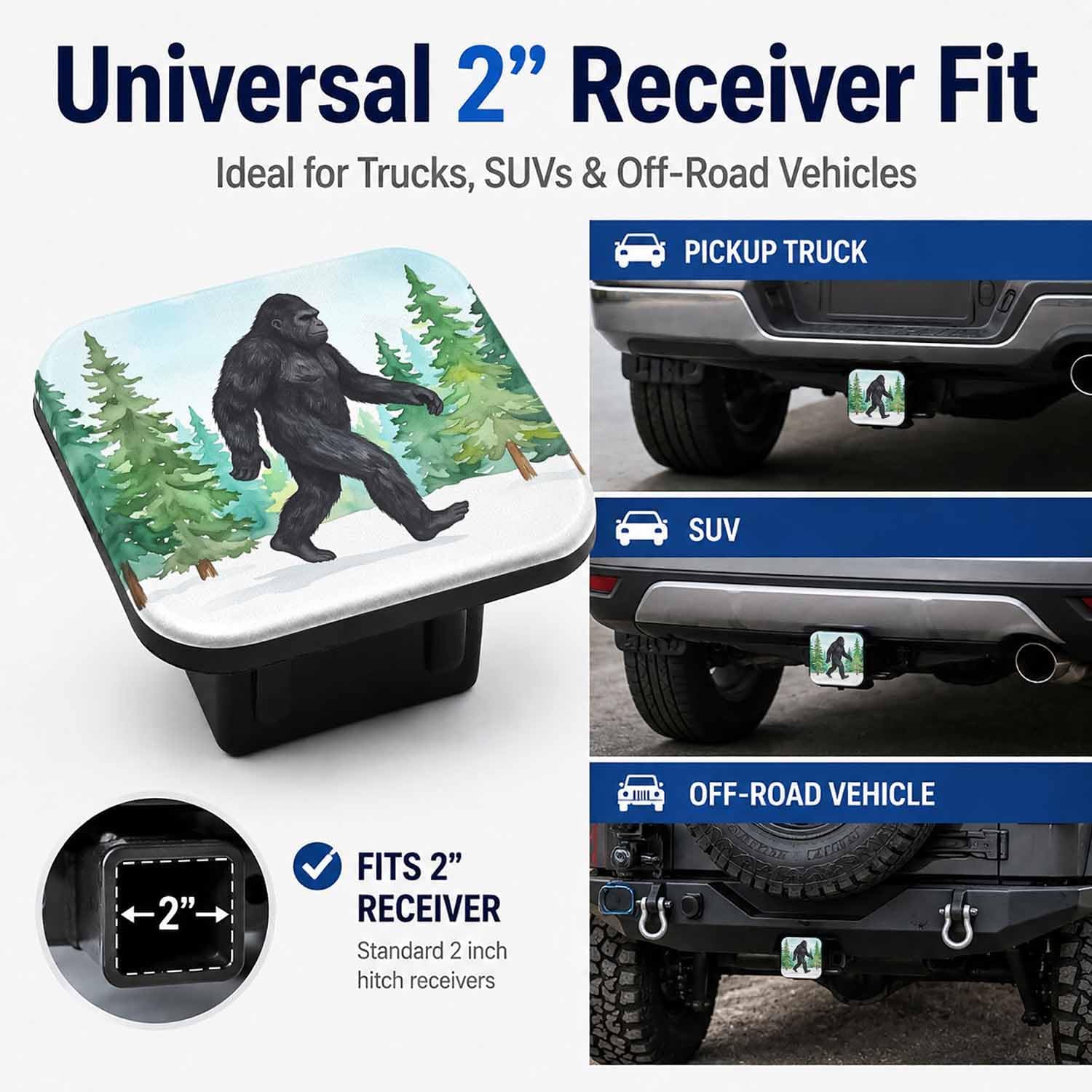 Hitch Cover Receiver Tube Hitch Plug Forest Sasquatch, Tool-Free Install Tow Hitch Covers, Universal Trailer Hitch Cap Protector for Trucks, 2 Inch Hitch Receiver Cover for Women Men