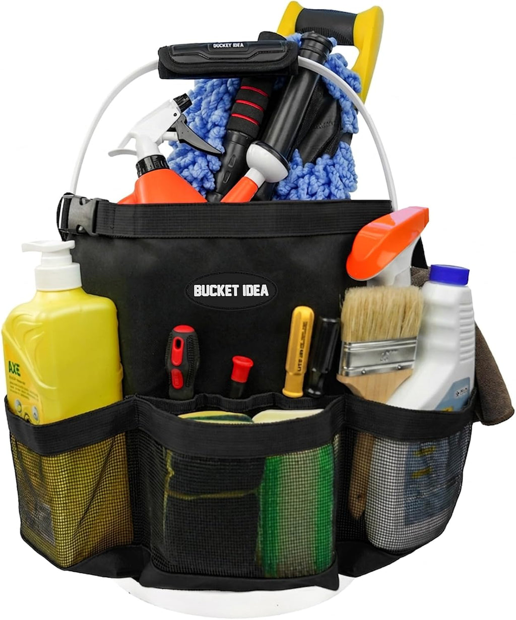 MELOTOUGH Bucket Car Wash Tool Organizer for Garden Cleaning bucket organizer Water-resistant Mesh Pockets for Clean Supplier, Car Wash Supplier Tools Fit 3.5 to 5 Gallon Bucket (Black)