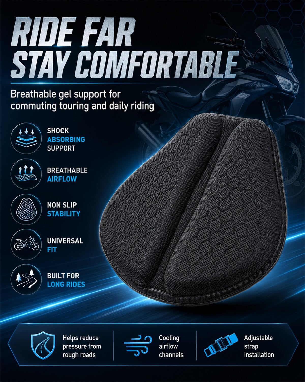 Motorcycle Seat Cushion Gel Pad Passenger Breathable Shock Absorption Waterproof 3D Honeycomb Rider Universal Long Rides Touring Comfort Anti Slip Pressure Relief Soft Durable Cover(Style A)