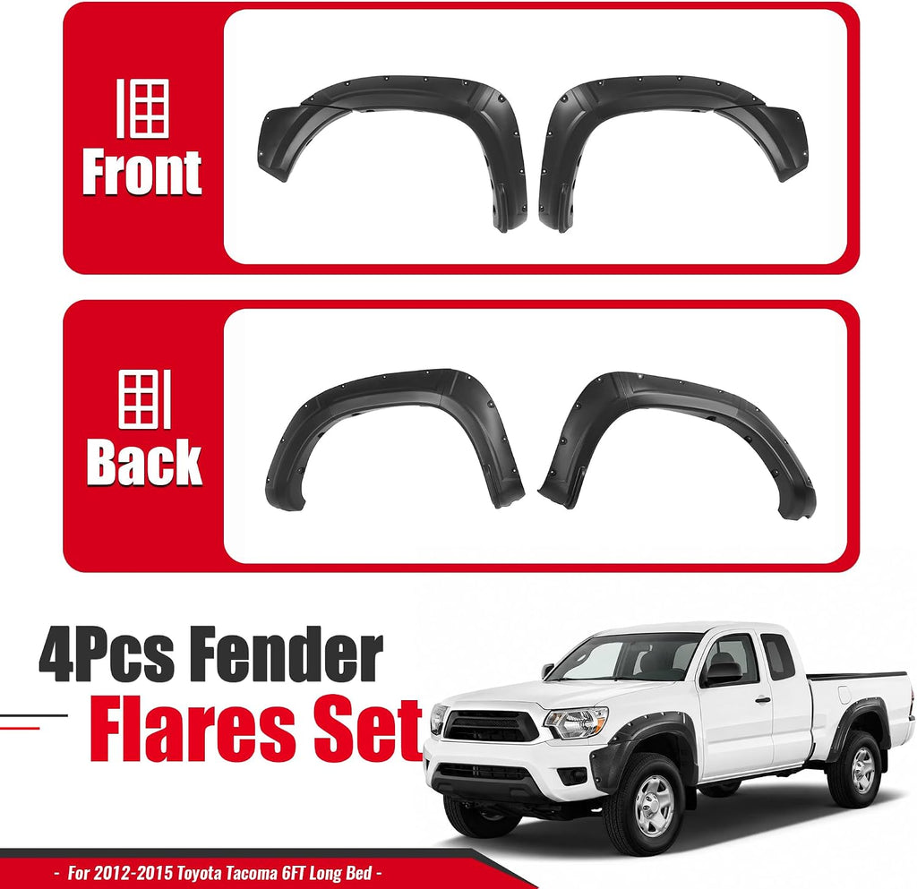4Pcs Fender Flares Compatible with 2012-2015 Toyota Tacoma | Fleetside 6 FT (72") Long Bed Front & Rear Wheel Arch Covers PP Plastic Textured Black