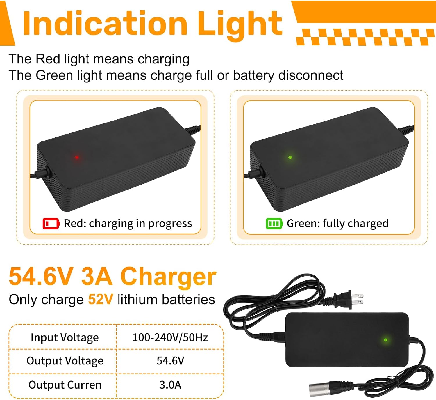 UL Certified Upgraded Fast Charging 3-Pin 48V 3A Battery Charger for Q20 Ridstar & YVY E-Bike, Battery Power Adapter, Waterproof & Moisture-Proof & Protection Against Overcurrent Charger Part