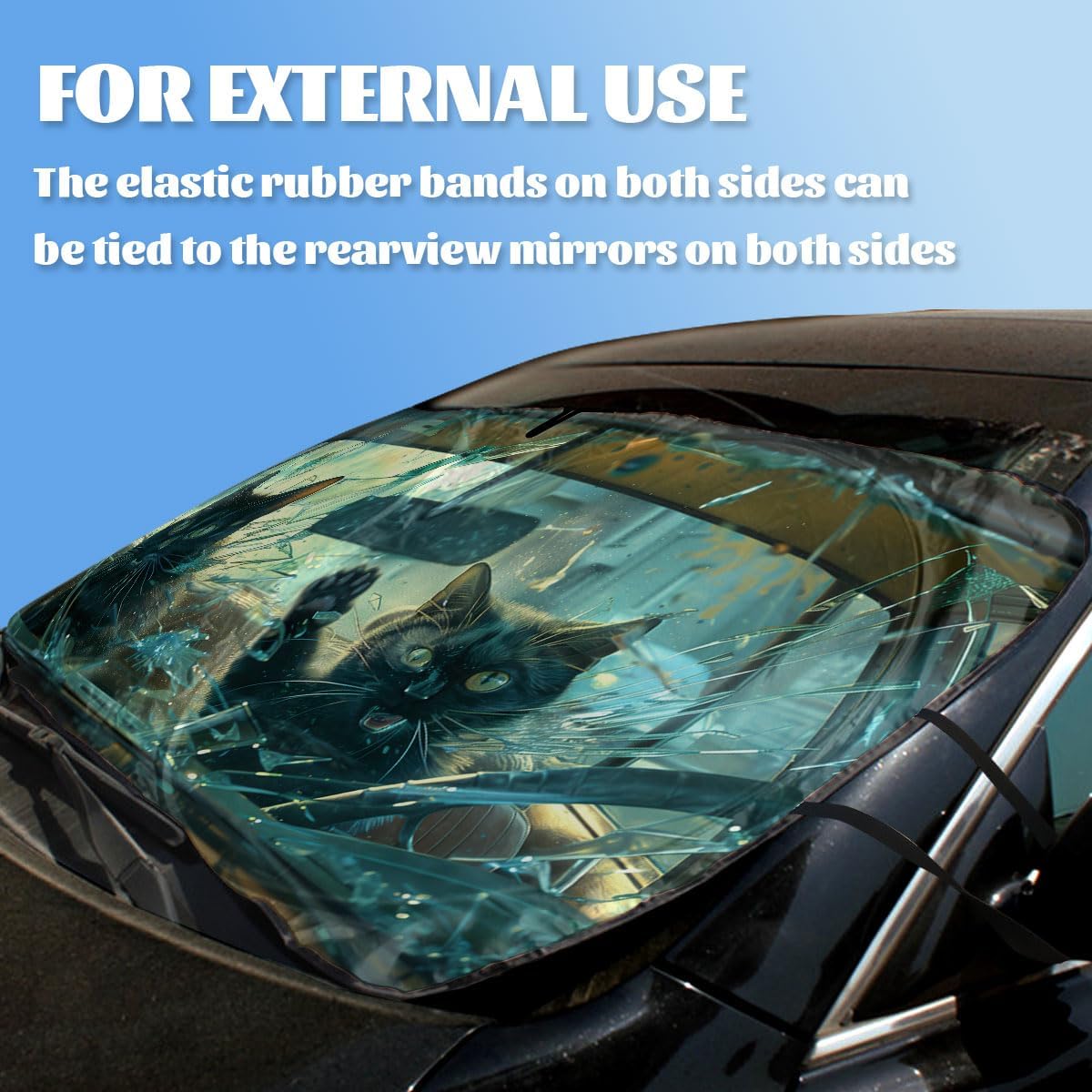 Funny Black Cat Car Windshield Sunshade - Folding 3D Broken Glass Heatshield - Front Window Sun Shade Visor Protector - 59" L x 31.5" W
