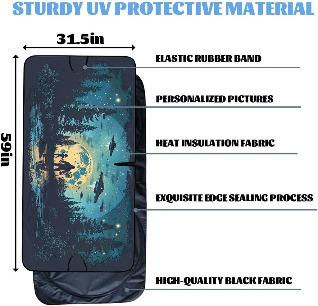 Bigfoot Alien Car Windshield Sunshade - Folding Moon UFO Trees Heatshield Front Window Sun Shade Visor Protector for Sedan Truck SUV - 59" L x 31.5" W