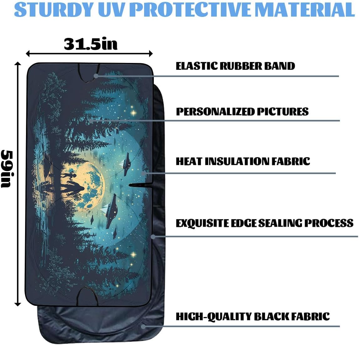 Bigfoot Alien Car Windshield Sunshade - Folding Moon UFO Trees Heatshield Front Window Sun Shade Visor Protector for Sedan Truck SUV - 59" L x 31.5" W