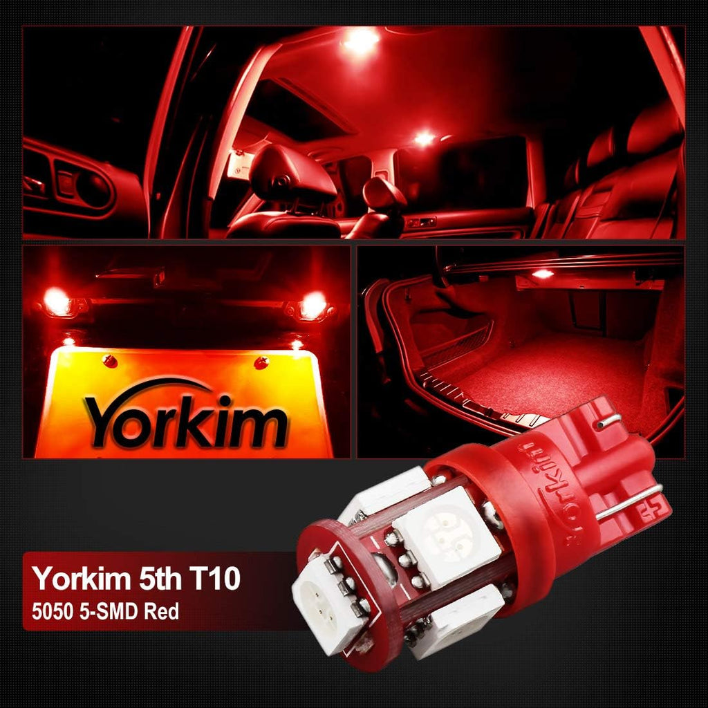 Yorkim 194 LED Bulbs Red Super Bright New 5th Generation,T10 168 LED Bulb for Car Interior Dome License Plate Map Door Courtesy Lights W5W 2825,Pack of 10