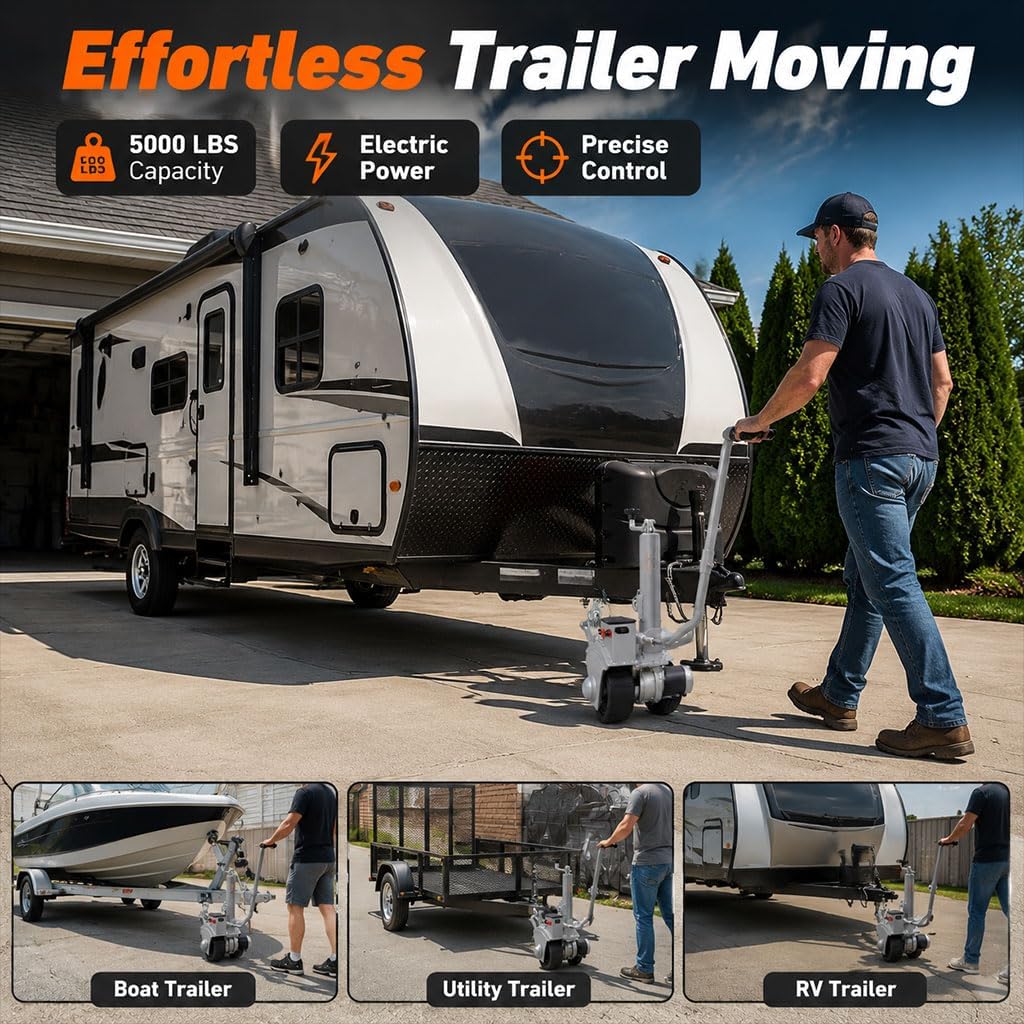 Electric Trailer Dolly with 5000 LBS Towing Capacity, Motorized Trailer Mover with Adjustable Height, 8" Rubber Wheel & Brake for Boat RV Utility Trailers