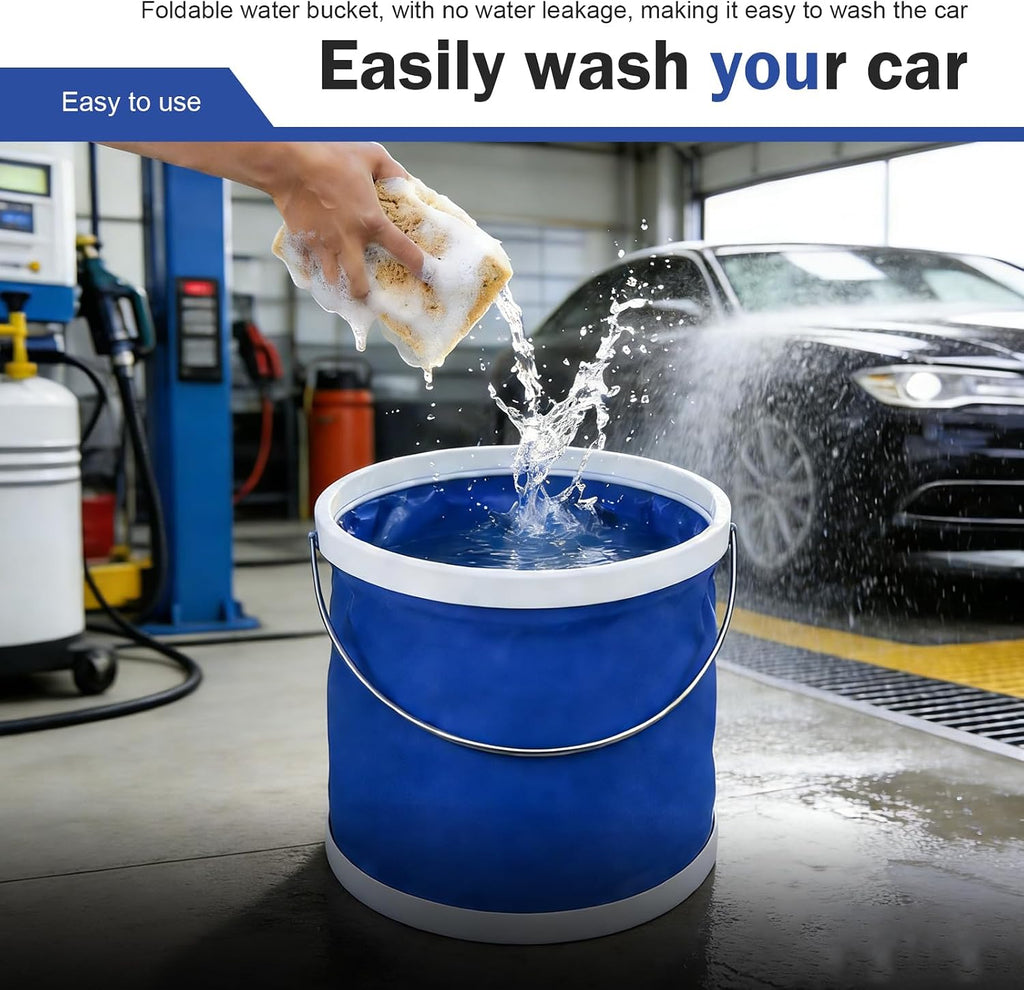 Car Collapsible Water Bucket, Vehicle Portable Water Container, Waterproof Fabric Pop Up Bucket for Car Washing, Camping & Emergency Water Storage (9L)
