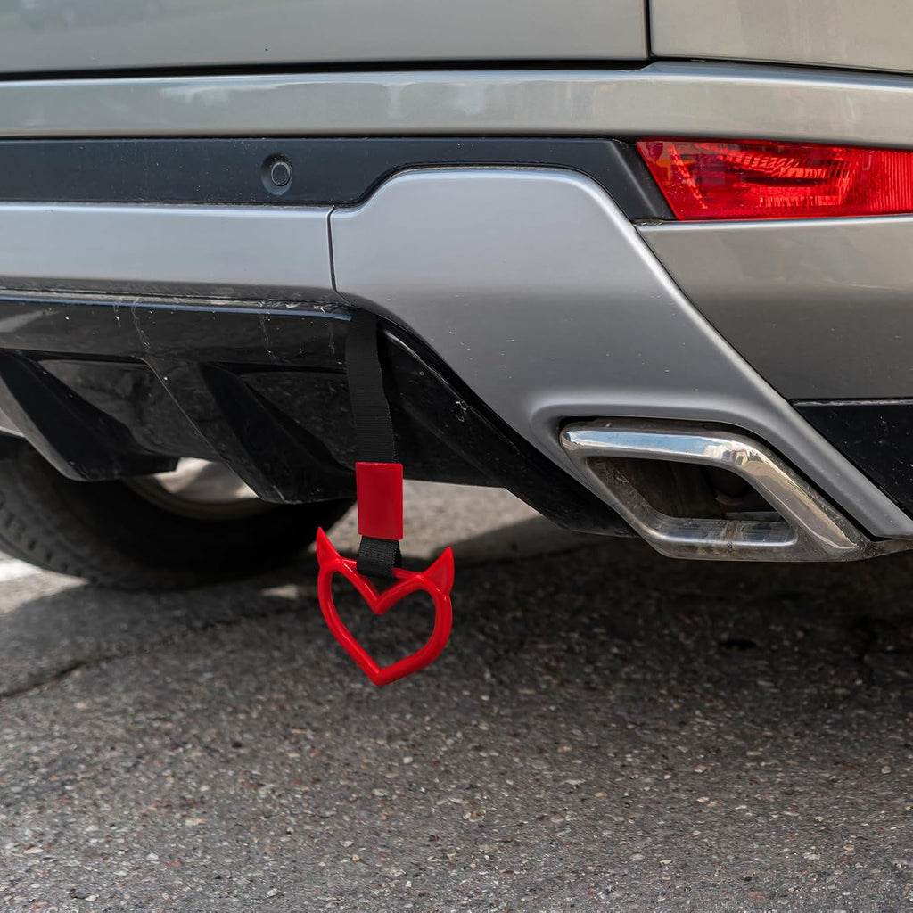 2 Pcs Devil Heart Shaped Car Handle Strap – Drift Charm Rear Bumper Warning Ring Decor for Car Interior Exterior, Subway Bus Handle Accessory, Cute Heart Car Decor Gift for Drivers (Red)