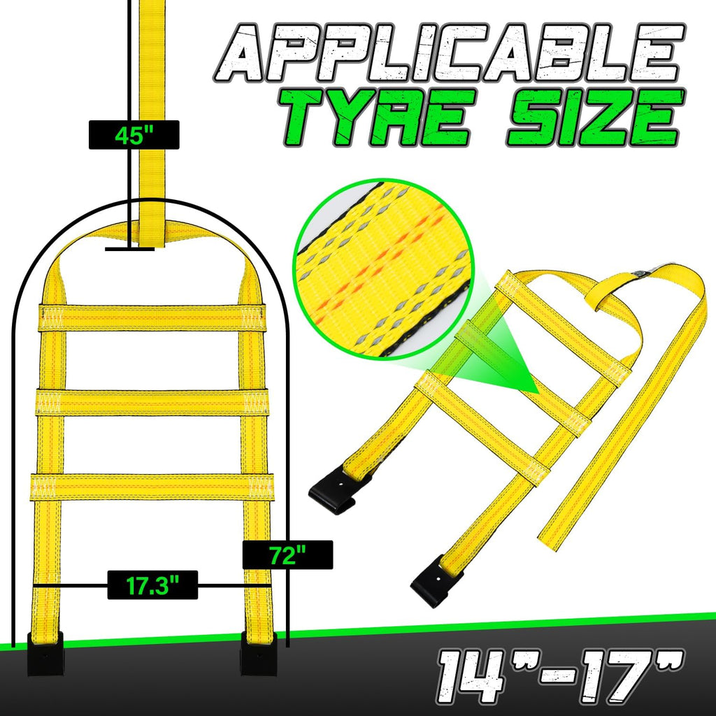 STARLEAPARTS Tow Dolly Straps, 2 Pack Tow Dolly Basket Straps with Flat Hook, Car Dolly Strap, 10,000 lbs Breaking Strength, Tire Bonnet with Carrying Bag Fits Most 14"-17" Tires (Yellow)