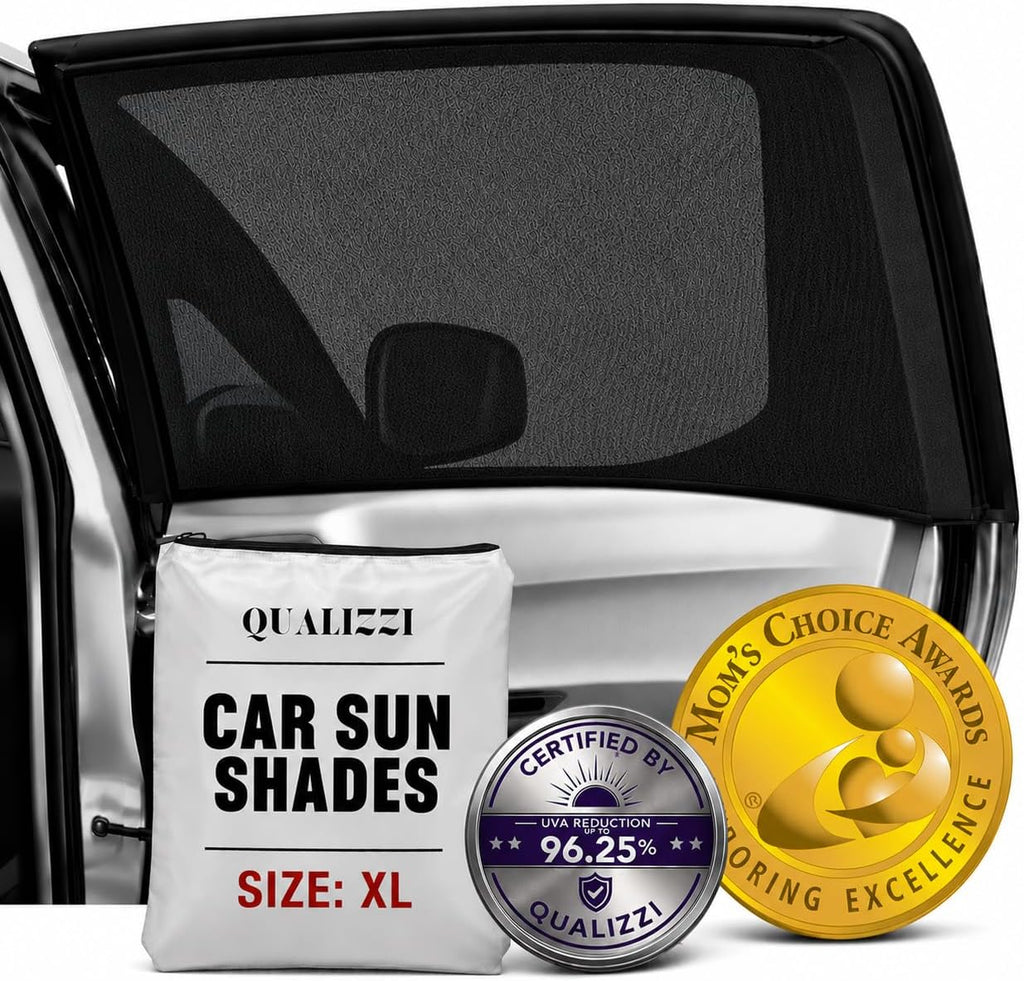 XL/Car Side Window Shades for SUV. 8 Sizes/2 Pack. Stretch-to-Fit Mesh for Rear Windows Up to H:20" x W:46". Sun, Heat & Bugs Protection, Blocks 96% UVA. Camping Windows Screens | Qualizzi®
