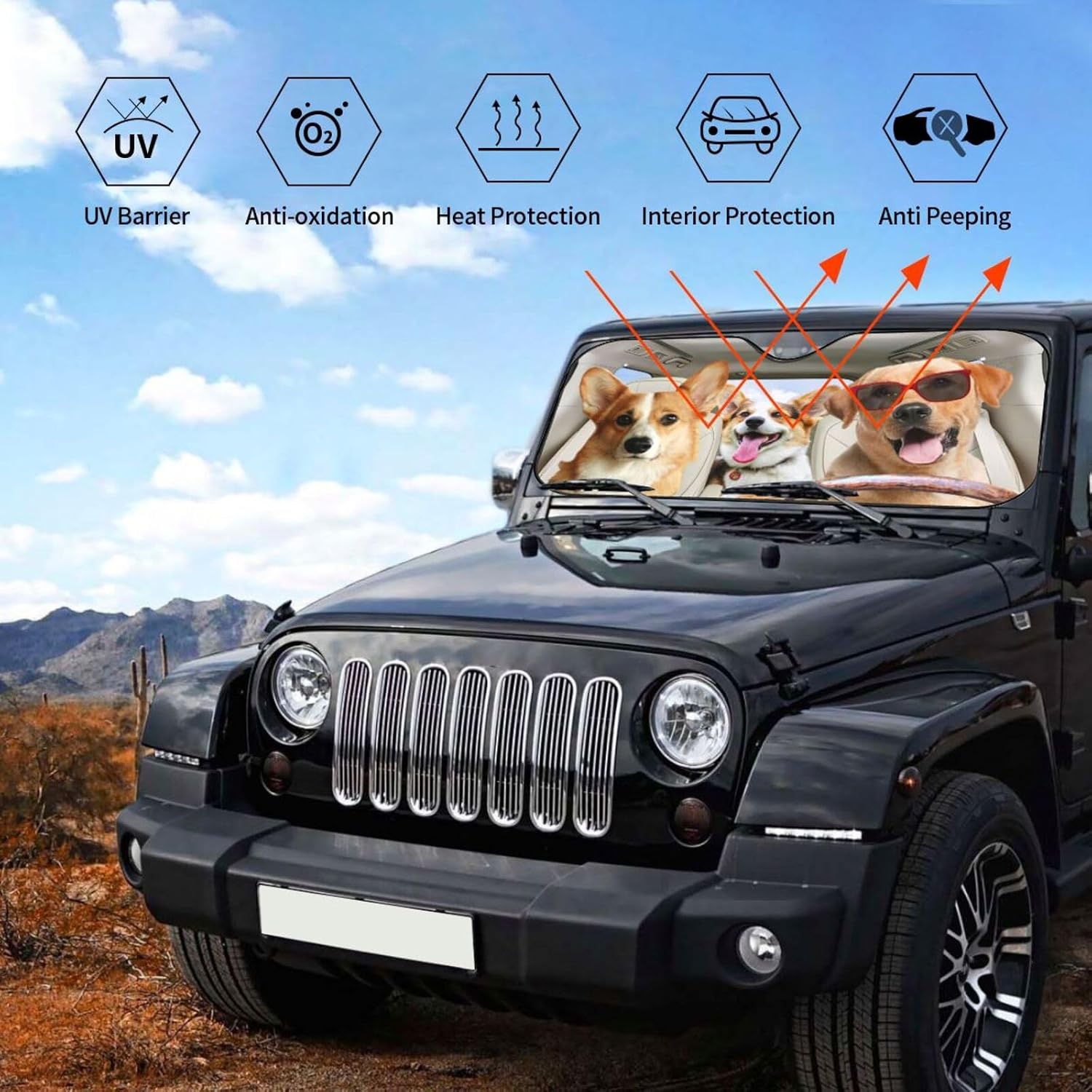 Custom Pet Windshield Sunshade with Photo, Funny Dog Cat Driving Car Front Windshield Sun Shade UV Rays and Keeps Your Vehicle Cool Foldable Auto Sunshade for Car Truck SUV Auto