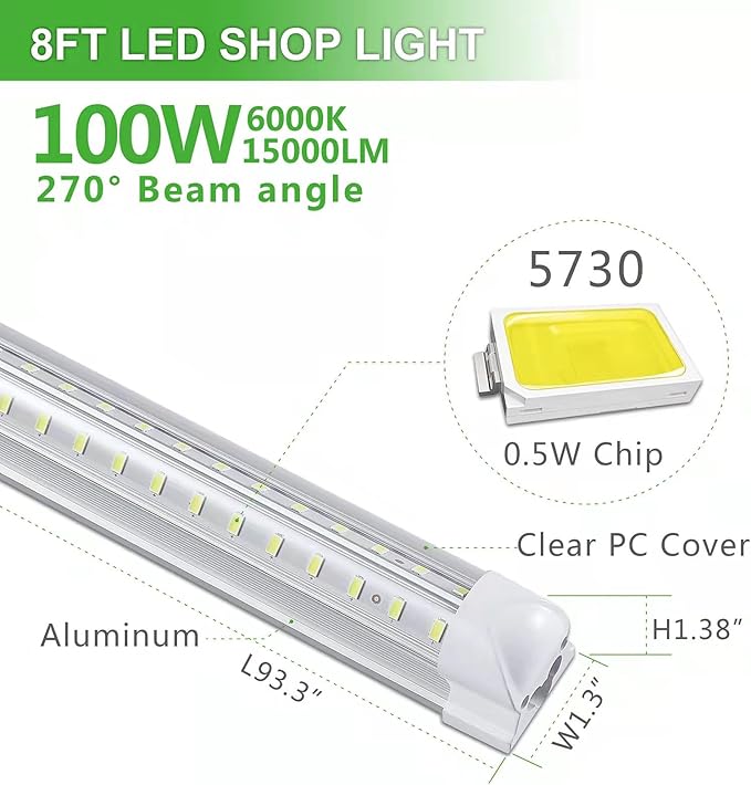 8Pack 8FT LED Shop Light Garage Light, 100W 6000K White Light 15000LM Super