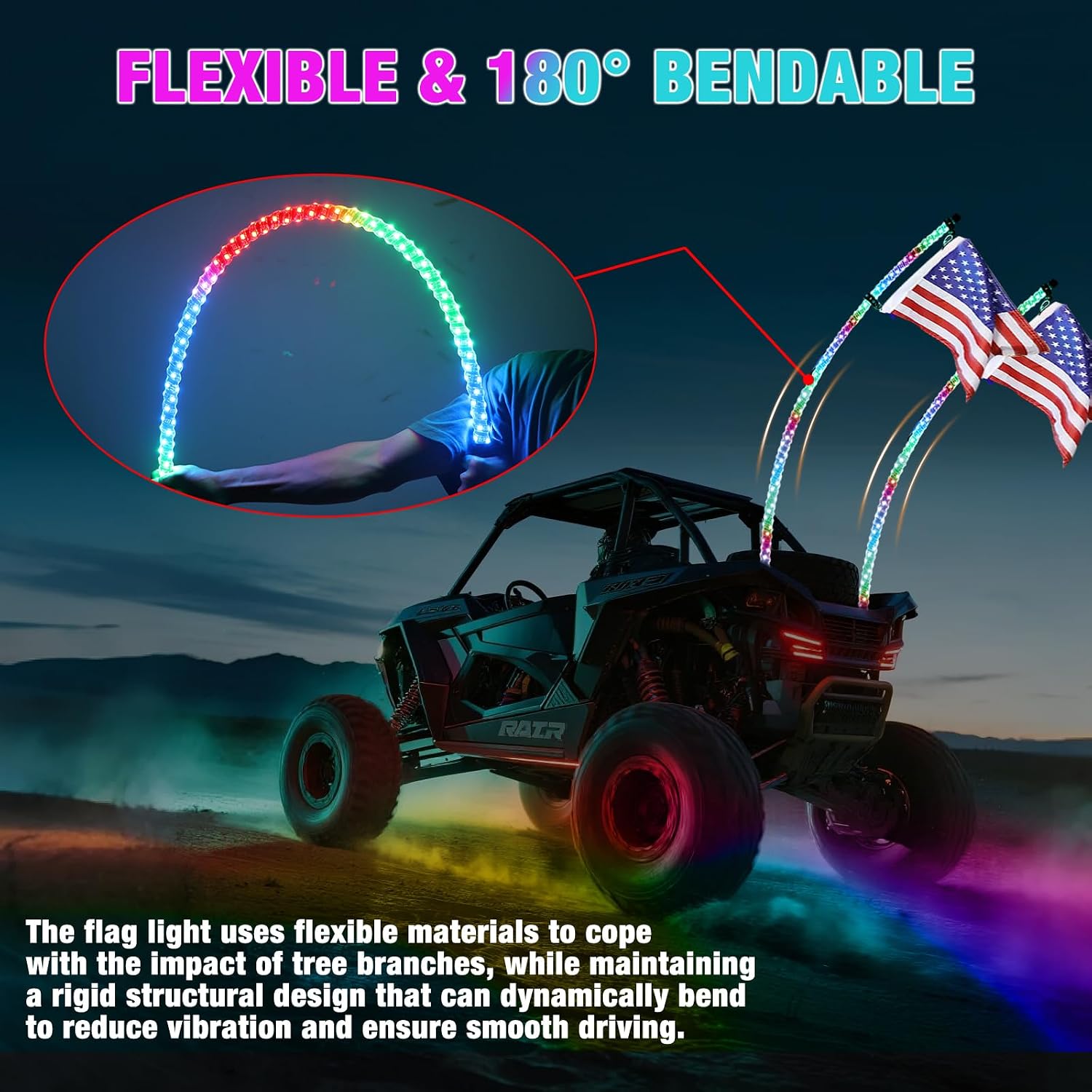 2PCS 3FT LED Whip Lights for UTV/ATV, APP & Remote Control, Chasing Color Modes, Waterproof Off-Road Light for Can-Am, Polaris RZR, Dune Buggies, Spring Base Included