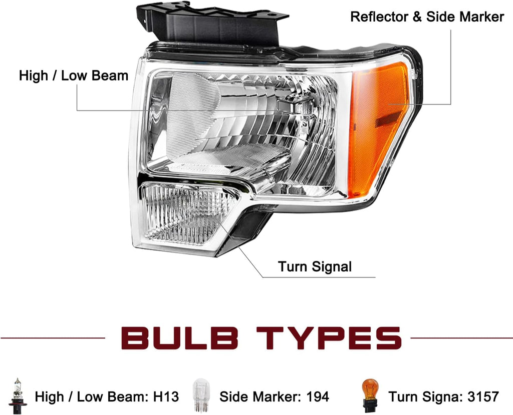 JSBOYAT Halogen Headlight & Fog Light Assembly Set Bulbs Included for 2009 to 2014 Ford F150