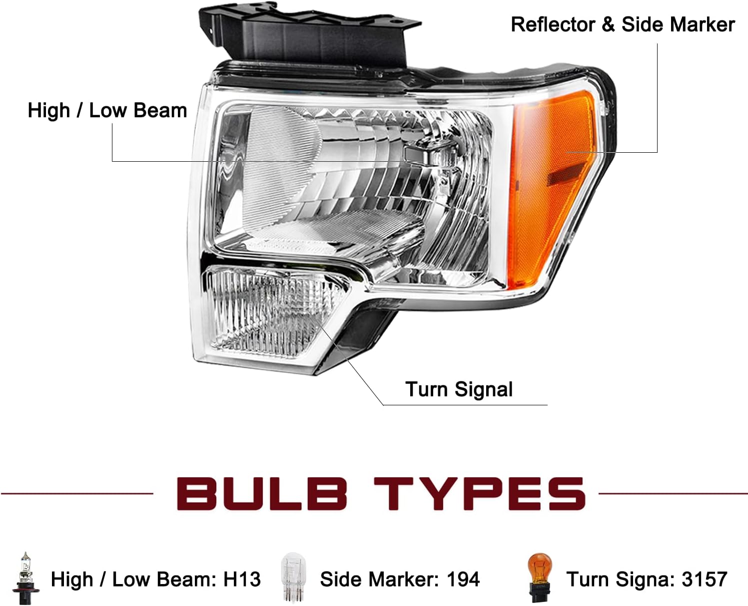 JSBOYAT Halogen Headlight & Fog Light Assembly Set Bulbs Included for 2009 to 2014 Ford F150